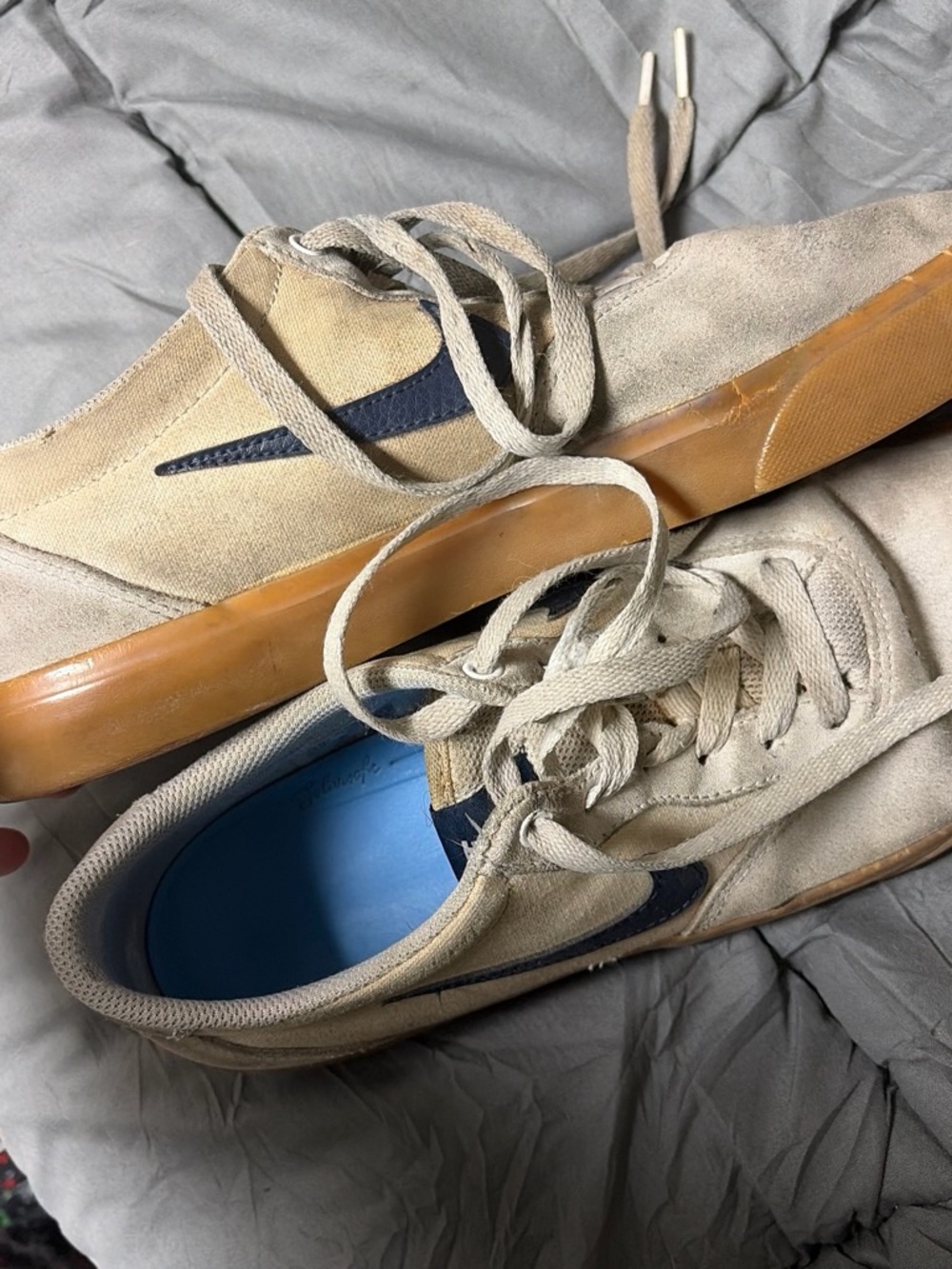 Nike Men's Beige Suede Sneakers with Navy Swoosh and Gum Sole